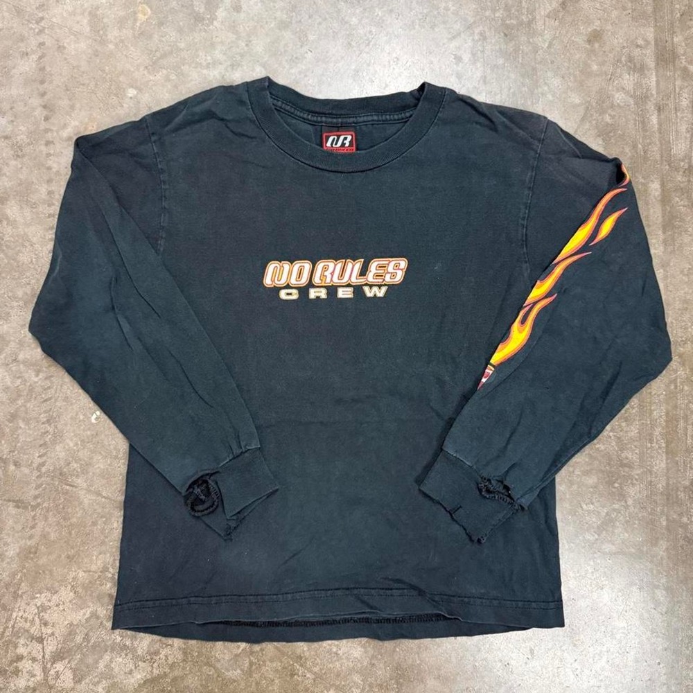 Vintage No Rules Skateboarding Shirt Y2K Thrashed Grunge Flame Sleeve Size 9 - Picture 2 of 5